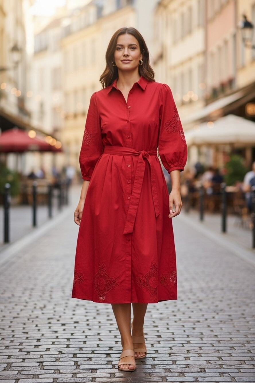 Banjanan red shirt dress eyelet lace sleeve and hem detail tie waist medium $495